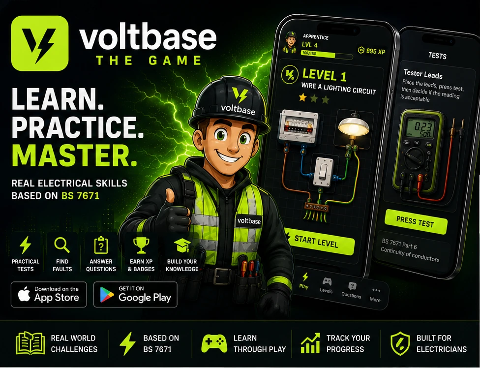 Voltbase The Game showing an electrician character and interactive electrical training screens